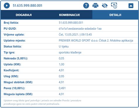 Pregled listića: Detalji oklada i dobitaka .